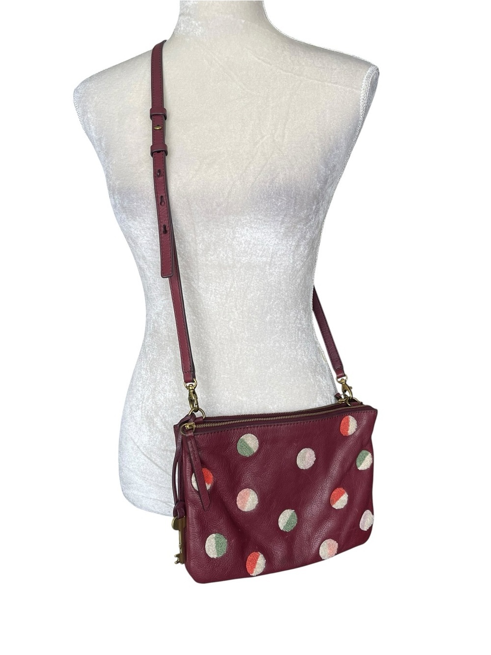 Fossil Devon Carbenet Wine Pebble Leather Dot Crossbody Shoulder Bag